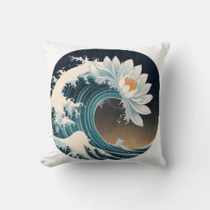 Witte Lotus & Ocean Wave - Elegantie in beweging Kussen