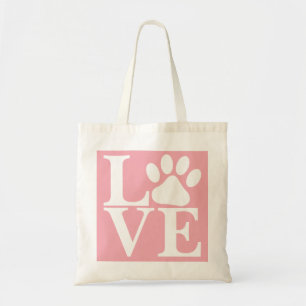 Witte LOVE Woord Hondenpoten Patroon Op Blush Roze Tote Bag