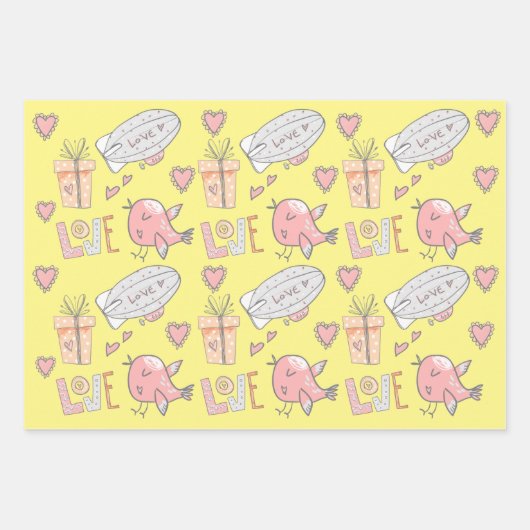 Witte luchtballon schattig stel van vogels inpakpapier vel (Voorkant 2)