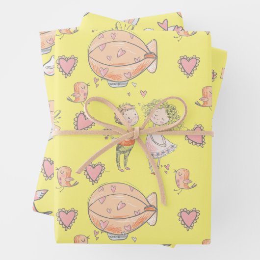 Witte luchtballon schattig stel van vogels inpakpapier vel (In situ)