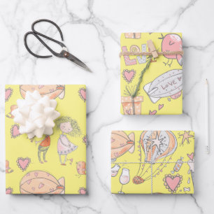 Witte luchtballon schattig stel van vogels inpakpapier vel