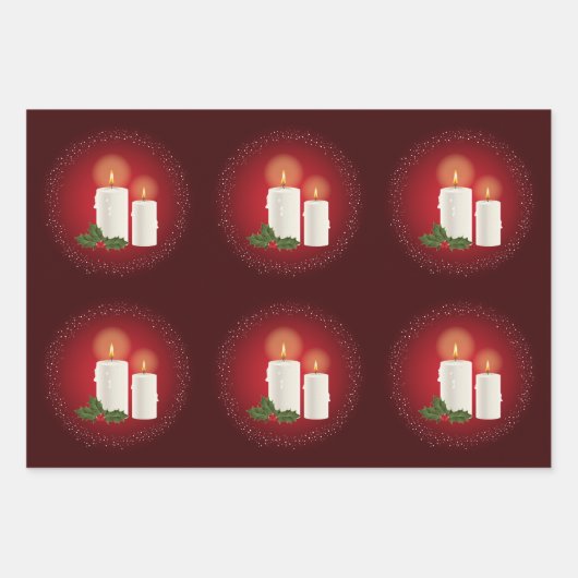 Witte, luie kerstkaarsen op rood met Holly Inpakpapier Vel (Voorkant 3)