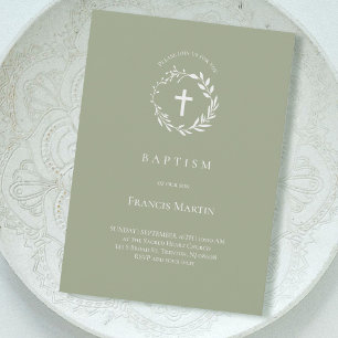 witte maag op olijfgroen   Baptisme-uitnodiging Kaart