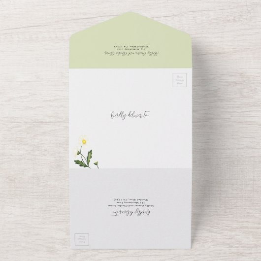 Witte Madeliefjes Bloemrijke Rustieke Bruiloft All In One Uitnodiging (Buitenkant)