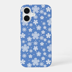 Witte madeliefjes en Stippen op blauw iPhone 16 Hoesje