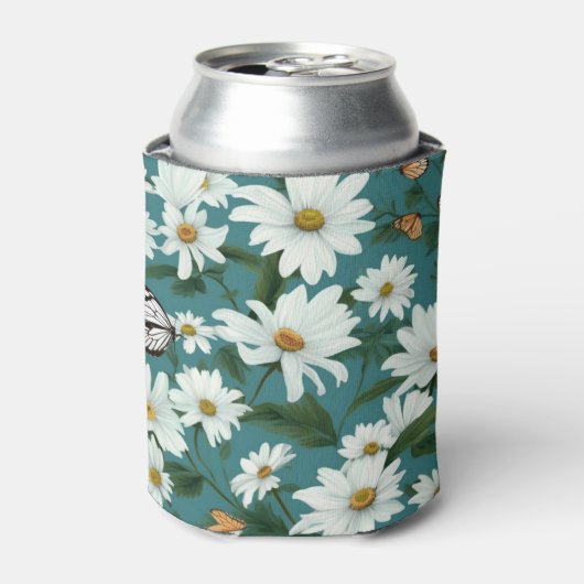 Witte madeliefjes en vlinders blikjeskoeler (Blikje Voorkant)