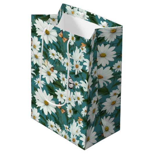 Witte madeliefjes en vlinders medium cadeauzakje (Voorkant Gekanteld)