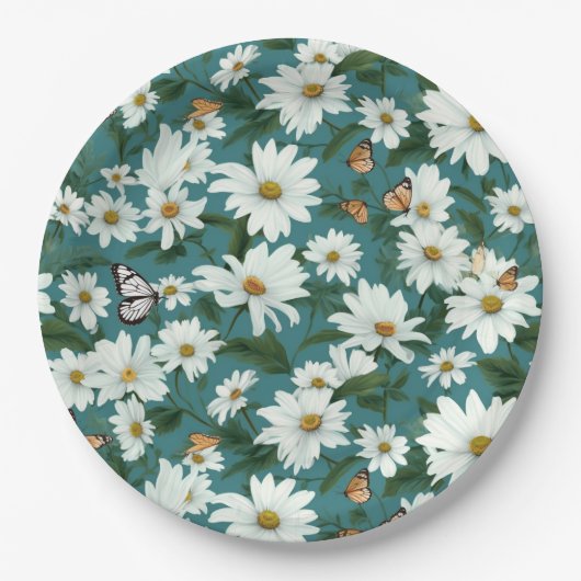 Witte madeliefjes en vlinders papieren bordje (Voorkant)