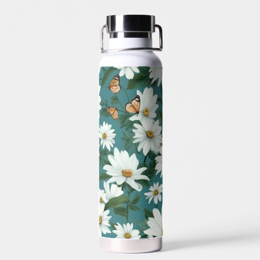 Witte madeliefjes en vlinders waterfles (Achterkant)