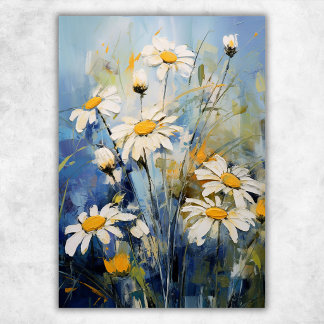 Witte Madeliefjes op Blauw | Botanische Bloemen Poster