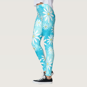 witte madeliefjes patroon blauwe verloop kleurblok leggings