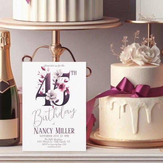 Witte & magenta bloemen 45e verjaardag uitnodiging
