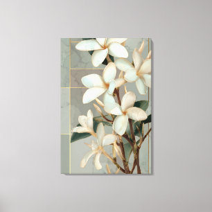 Witte Magnolia Bloem Gouden Lijn Marmer Canvas Afdruk
