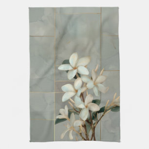 Witte Magnolia Bloem Gouden Lijn Marmer Theedoek