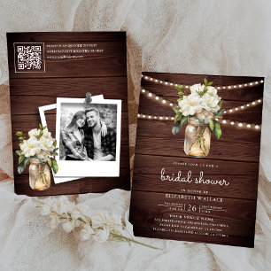 Witte Magnolia Bloem Houten QR Code Bruidsdouche Kaart