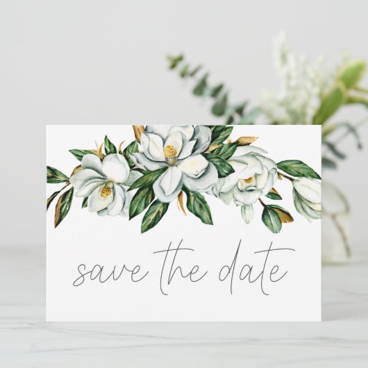 Witte Magnolia Bloemen Rustiek Save the Date (Staand voorkant)