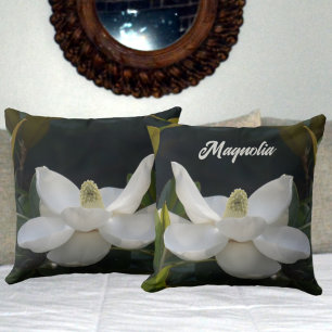 Witte Magnolia Blossom Bloemen Botanisch Donkergro Kussen