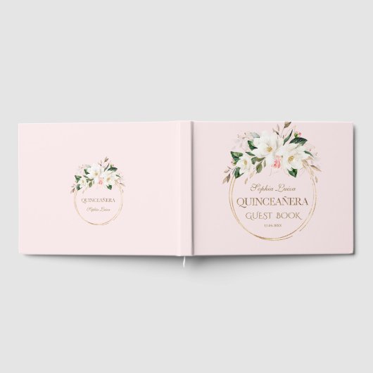 Witte Magnolia Blush Bloemengoud Quinceañera Gastenboek (Volledig)