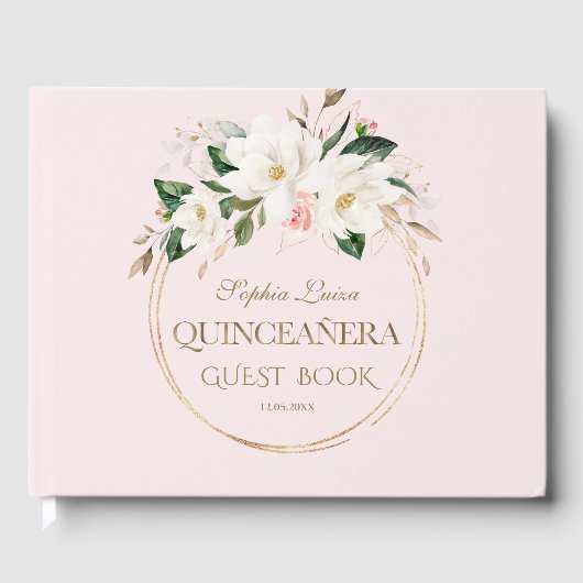 Witte Magnolia Blush Bloemengoud Quinceañera  Gastenboek (Voorkant)