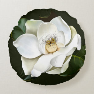 Witte Magnolia Close-up Groene achtergrond Rond Kussen