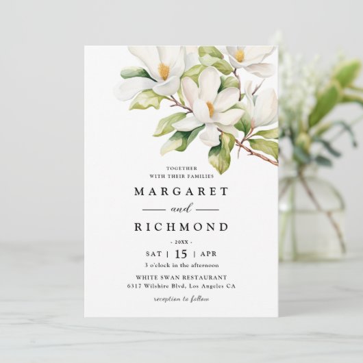 Witte Magnolia Elegante Waterverf Bloemenbruiloft Kaart (Staand voorkant)