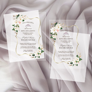 Witte Magnolia Gouden Spaanse Baby Shower Acryl Uitnodigingen