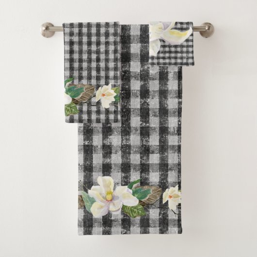 Witte Magnolia Leaves Black Check Rustic Bad Handdoek (Insitu)