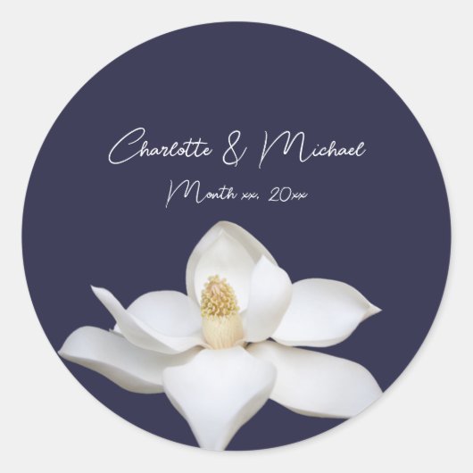 Witte Magnolia op Navy Elegante Trouw Ronde Sticker (Voorkant)