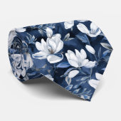 Witte Magnolia Patroon op middernacht chiffon Stropdas (Opgerold)