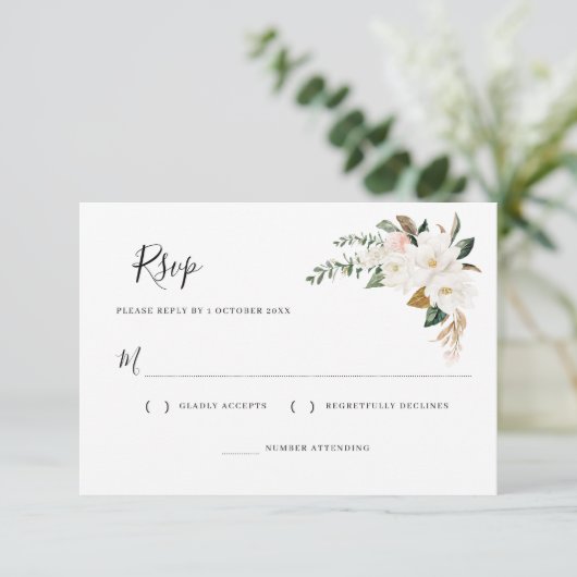 witte magnolia & roze bloemen RSVP kaart (Staand voorkant)