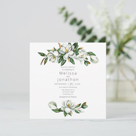 Witte Magnolia Rustieke Bloemen Huwelijksuitnodigi (Staand voorkant)