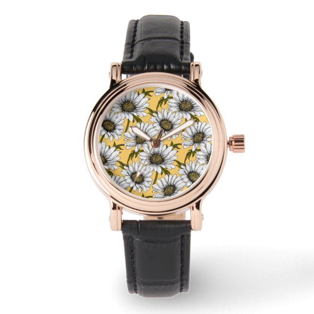 Witte maissoorten, wilde bloemen op geel horloge (Voorkant)