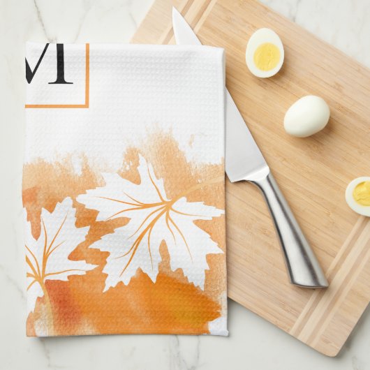 Witte makelblad oranje waterverf was, monogram theedoek (Quarter Fold)