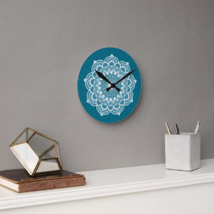 Witte Mandala op Blauwe Achtergrond Ronde Klok