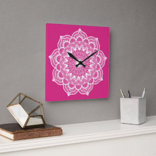 Witte Mandala op Roze Achtergrond Klein Vierkante Klok