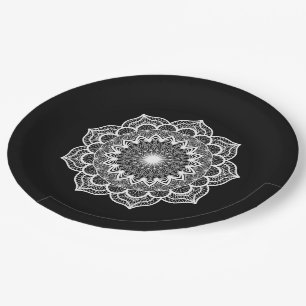 Witte Mandala op Zwarte Achtergrond Papieren Bordje