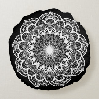 Witte Mandala op Zwarte Achtergrond Rond Kussen