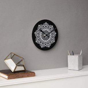 Witte Mandala op Zwarte Achtergrond Ronde Klok