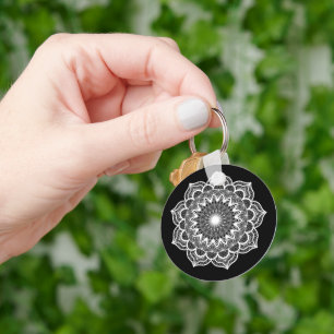 Witte Mandala op Zwarte Achtergrond Sleutelhanger