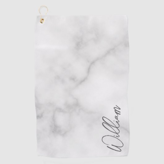 Witte Marble Modern Script Persoonlijke naam Golfhanddoek (Voorkant)
