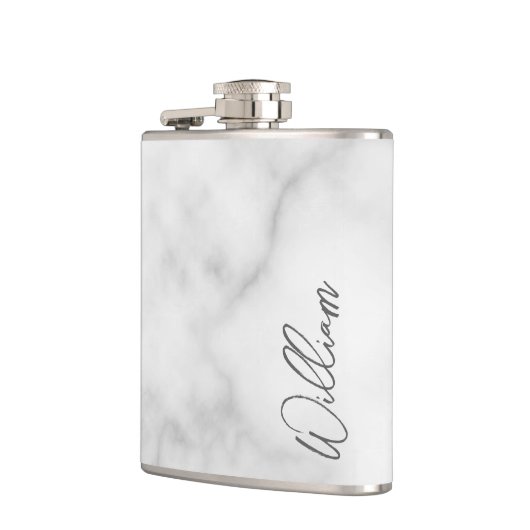 Witte Marble Modern Script Persoonlijke naam Heupfles (Links)