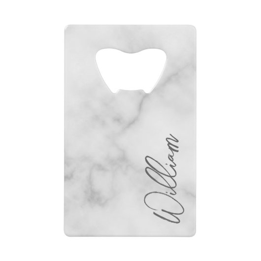 Witte Marble Modern Script Persoonlijke naam Kredietkaart Flessenopener (Voorkant)