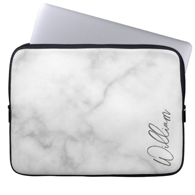 Witte Marble Modern Script Persoonlijke naam Laptop Sleeve (Voorkant)