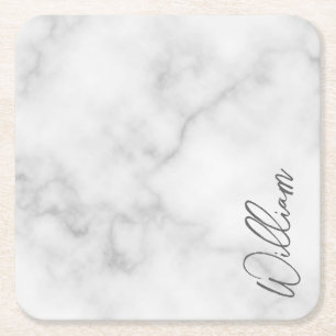 Witte Marble Modern Script Persoonlijke naam Vierkante Kartonnen Onderzetter