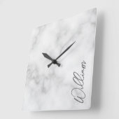 Witte Marble Modern Script Persoonlijke naam Vierkante Klok (Hoek)