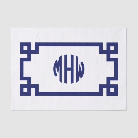 Witte Marine Blauwe Cirkel Monogram Griekse Sleute Tissuepapier (Voorkant)