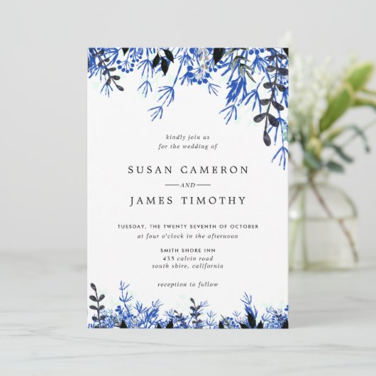 Witte marineblauwe Waterverf winterbruiloft Kaart (Staand voorkant)