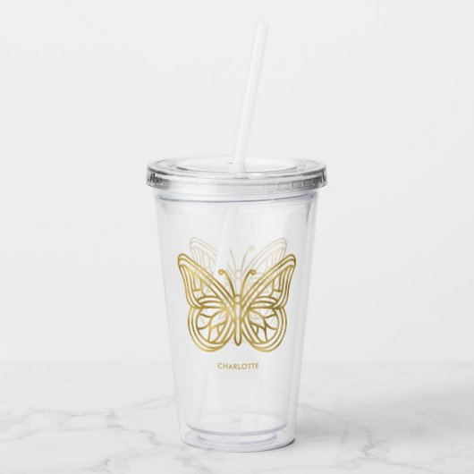 Witte marmer en gouden geometrische vlinder acryl drinkbeker (Achterkant)