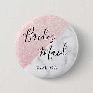 Witte marmer en roos goudglitter bruidsmaid ronde button 5,7 cm