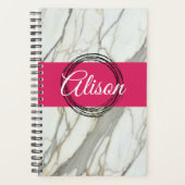 Witte marmer en roze fuchsia, aangepaste naam girl planner (Voorkant)